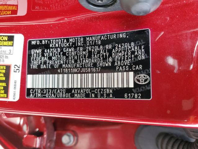 Photo 11 VIN: 4T1B11HK7JU581617 - TOYOTA CAMRY L 