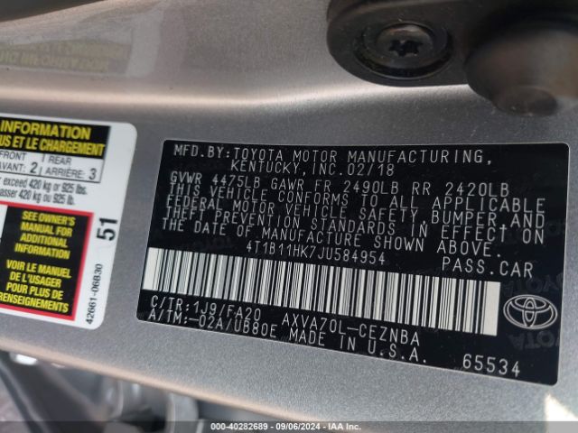 Photo 8 VIN: 4T1B11HK7JU584954 - TOYOTA CAMRY 