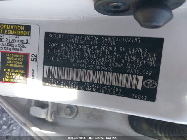 Photo 8 VIN: 4T1B11HK7JU594870 - TOYOTA CAMRY 