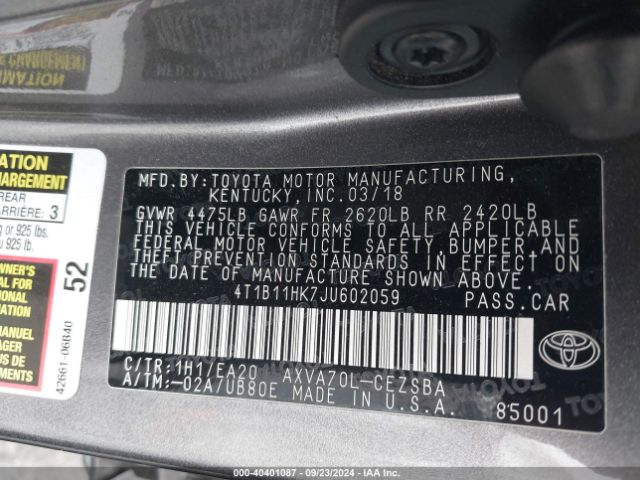 Photo 8 VIN: 4T1B11HK7JU602059 - TOYOTA CAMRY 