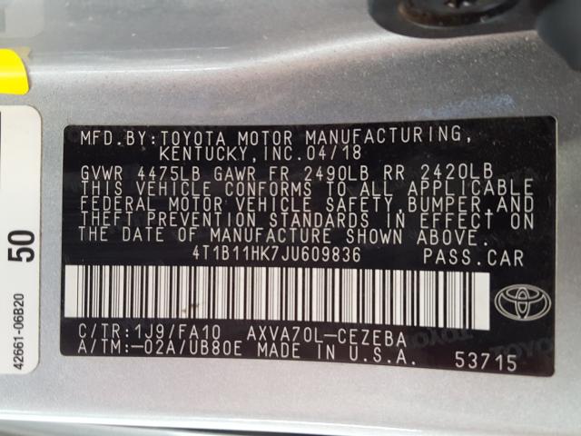 Photo 9 VIN: 4T1B11HK7JU609836 - TOYOTA CAMRY L 