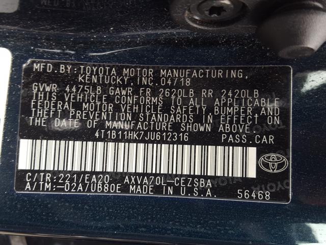 Photo 9 VIN: 4T1B11HK7JU612316 - TOYOTA CAMRY L 