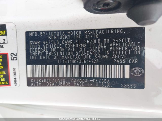 Photo 8 VIN: 4T1B11HK7JU614227 - TOYOTA CAMRY 