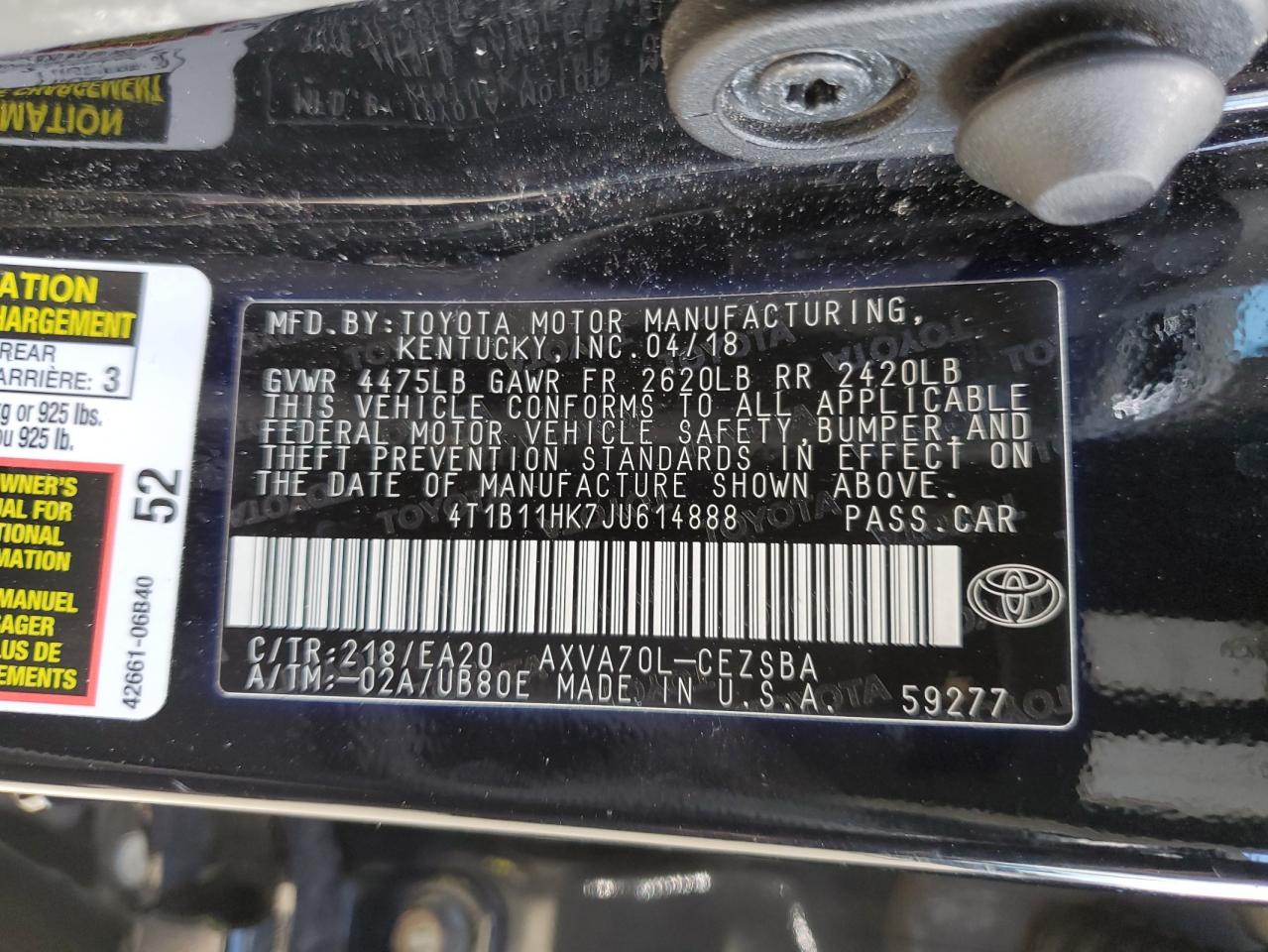 Photo 11 VIN: 4T1B11HK7JU614888 - TOYOTA CAMRY 