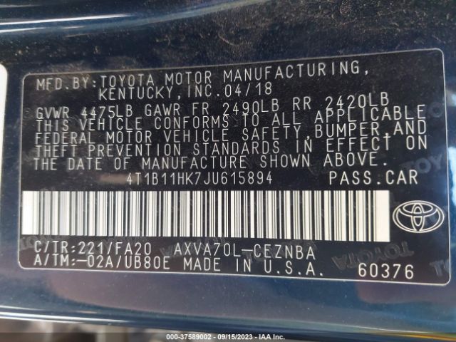 Photo 8 VIN: 4T1B11HK7JU615894 - TOYOTA CAMRY 