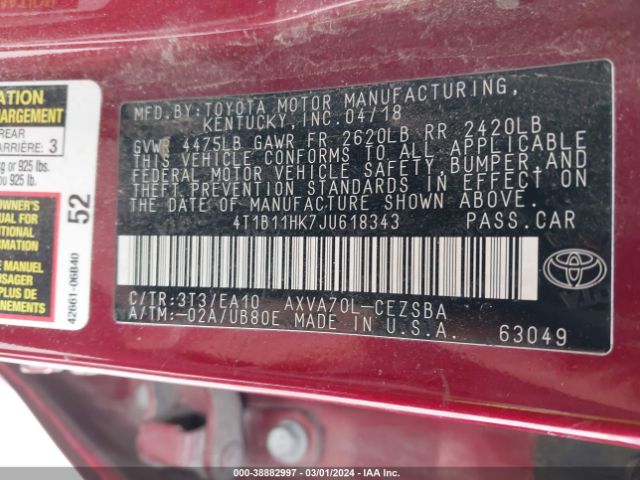 Photo 8 VIN: 4T1B11HK7JU618343 - TOYOTA CAMRY 