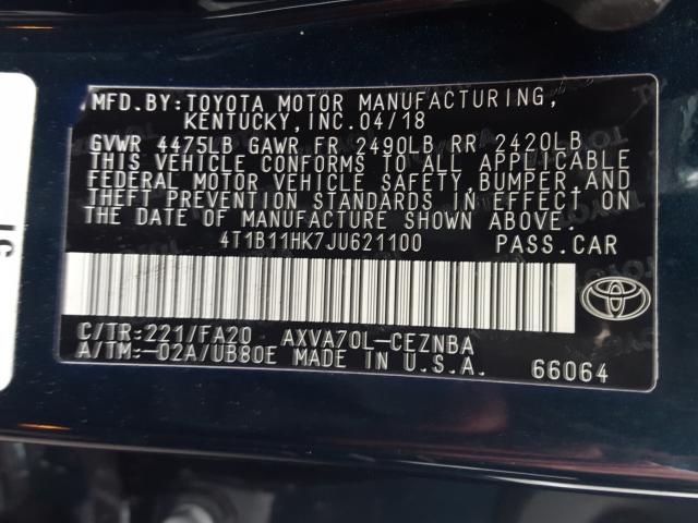 Photo 9 VIN: 4T1B11HK7JU621100 - TOYOTA CAMRY LE 