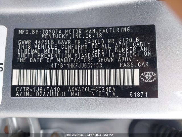 Photo 8 VIN: 4T1B11HK7JU652153 - TOYOTA CAMRY 