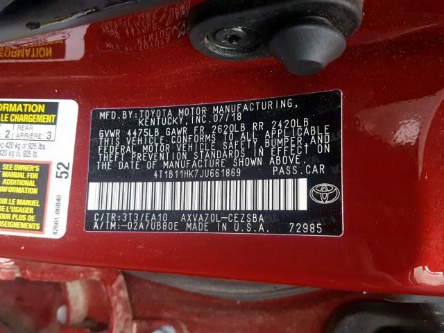 Photo 9 VIN: 4T1B11HK7JU661869 - TOYOTA CAMRY L 