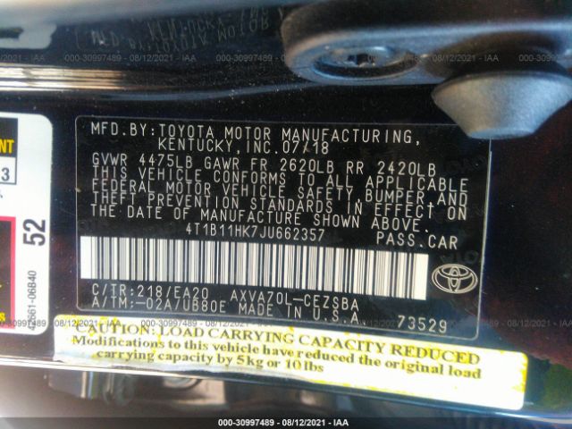 Photo 8 VIN: 4T1B11HK7JU662357 - TOYOTA CAMRY 