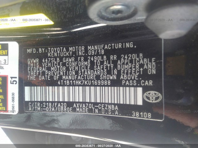 Photo 8 VIN: 4T1B11HK7KU169988 - TOYOTA CAMRY 