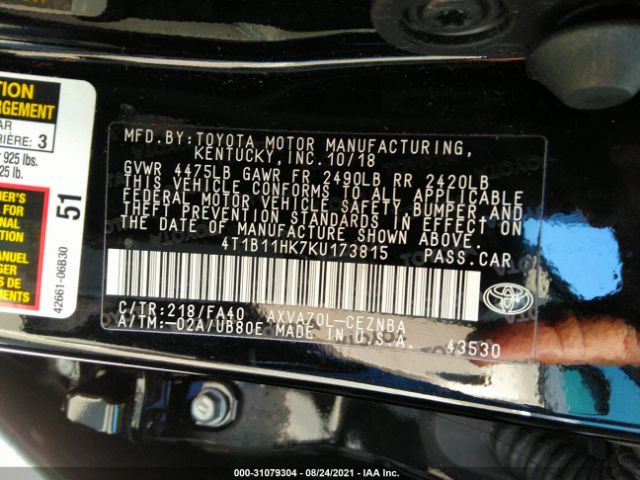 Photo 8 VIN: 4T1B11HK7KU173815 - TOYOTA CAMRY 