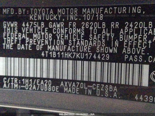 Photo 8 VIN: 4T1B11HK7KU174429 - TOYOTA CAMRY 