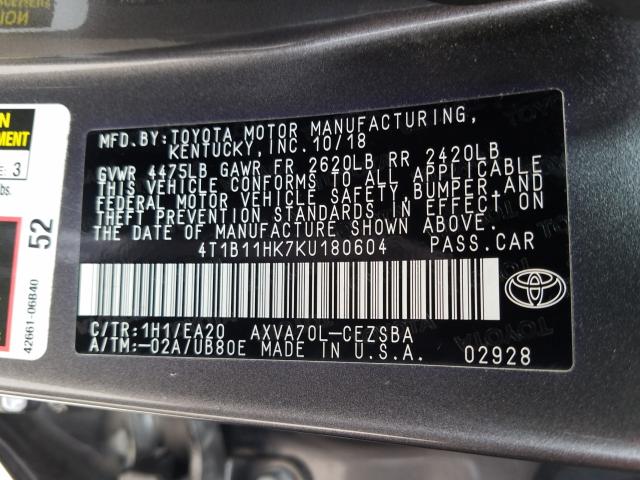 Photo 9 VIN: 4T1B11HK7KU180604 - TOYOTA CAMRY L 