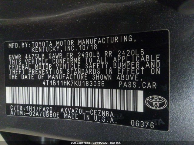 Photo 8 VIN: 4T1B11HK7KU183096 - TOYOTA CAMRY 