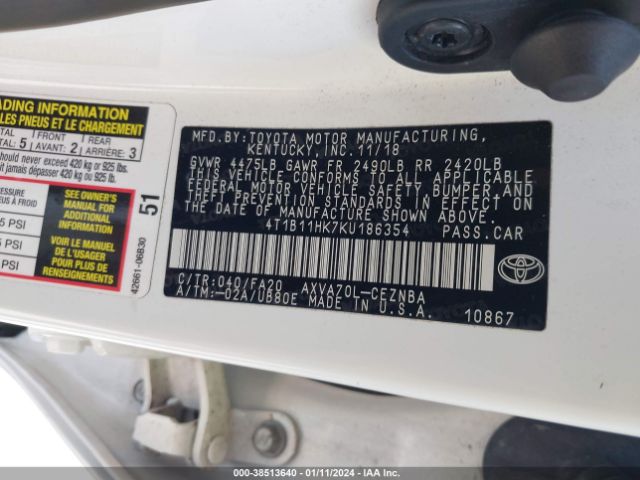 Photo 8 VIN: 4T1B11HK7KU186354 - TOYOTA CAMRY 