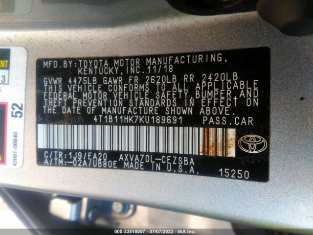 Photo 8 VIN: 4T1B11HK7KU189691 - TOYOTA CAMRY 