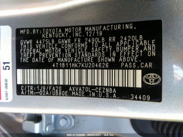 Photo 8 VIN: 4T1B11HK7KU204626 - TOYOTA CAMRY 