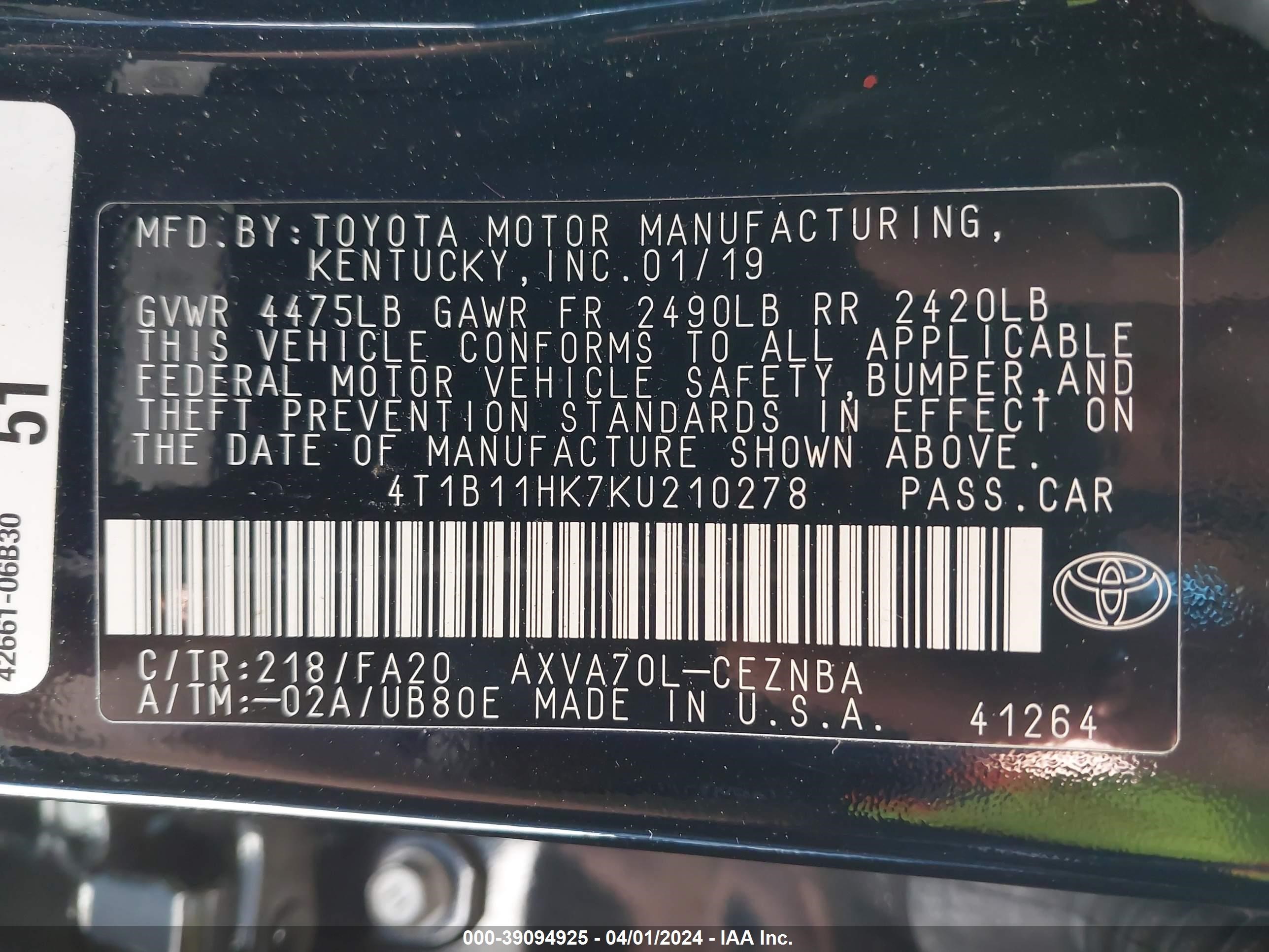 Photo 8 VIN: 4T1B11HK7KU210278 - TOYOTA CAMRY 