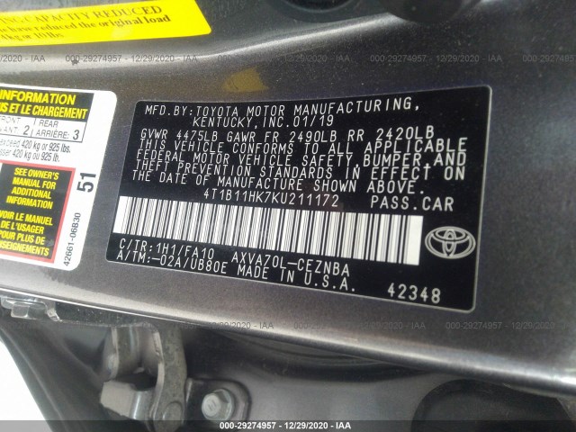 Photo 8 VIN: 4T1B11HK7KU211172 - TOYOTA CAMRY 