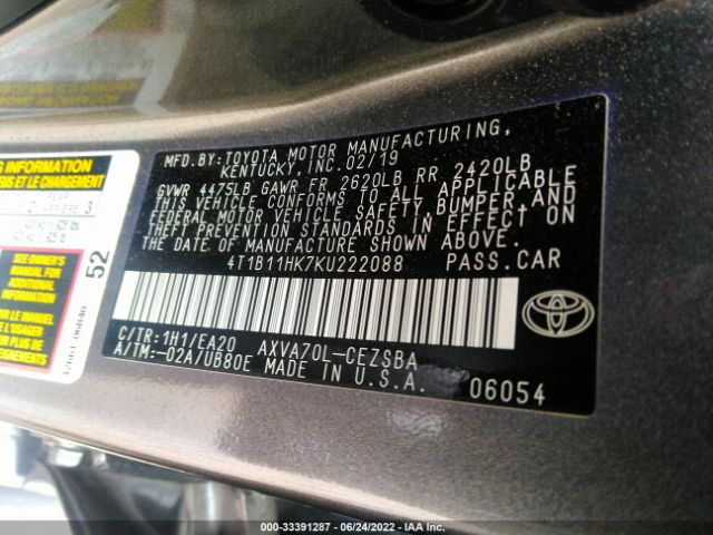 Photo 8 VIN: 4T1B11HK7KU222088 - TOYOTA CAMRY 