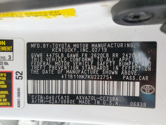 Photo 12 VIN: 4T1B11HK7KU222754 - TOYOTA CAMRY L 