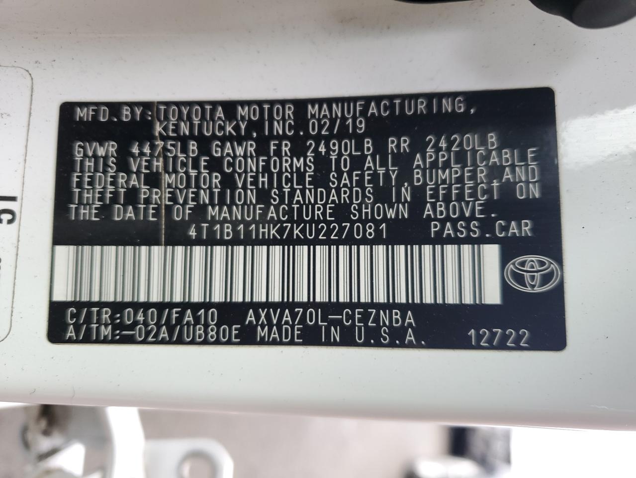 Photo 12 VIN: 4T1B11HK7KU227081 - TOYOTA CAMRY 