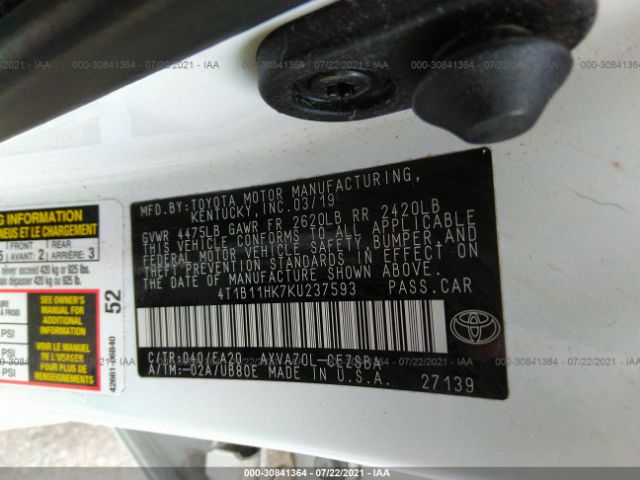 Photo 8 VIN: 4T1B11HK7KU237593 - TOYOTA CAMRY 