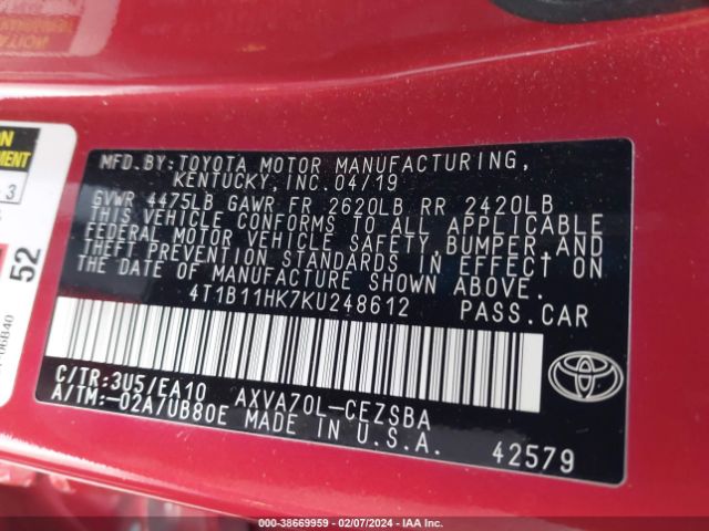 Photo 8 VIN: 4T1B11HK7KU248612 - TOYOTA CAMRY 