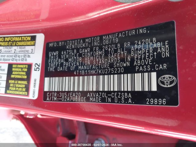 Photo 8 VIN: 4T1B11HK7KU275230 - TOYOTA CAMRY 