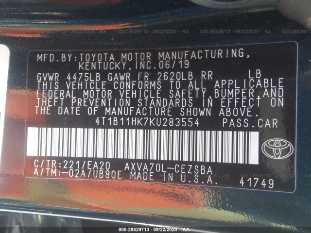 Photo 8 VIN: 4T1B11HK7KU283554 - TOYOTA CAMRY 