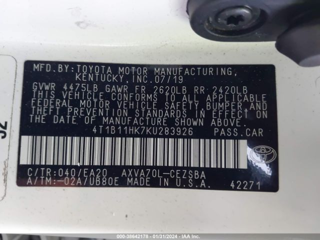 Photo 8 VIN: 4T1B11HK7KU283926 - TOYOTA CAMRY 