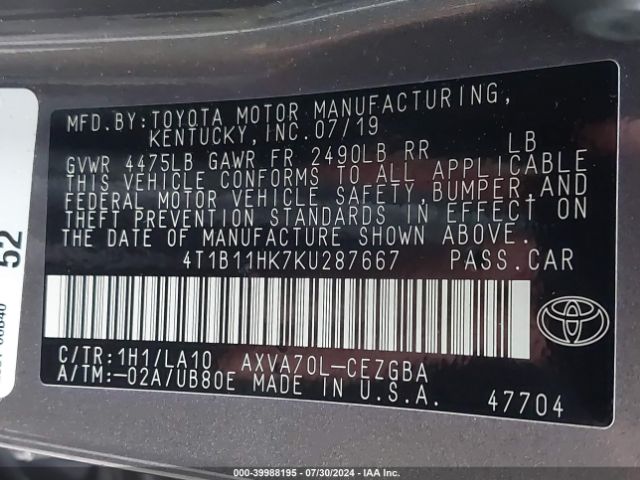 Photo 8 VIN: 4T1B11HK7KU287667 - TOYOTA CAMRY 