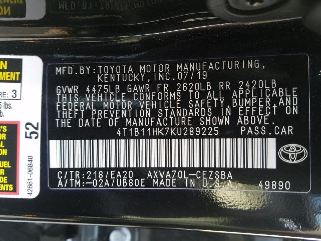 Photo 9 VIN: 4T1B11HK7KU289225 - TOYOTA CAMRY L 