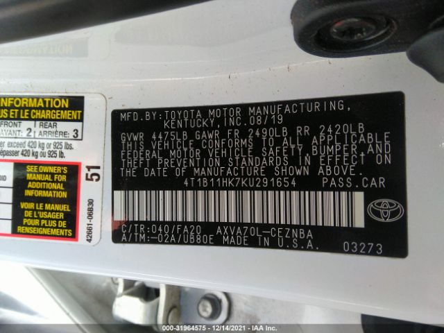 Photo 8 VIN: 4T1B11HK7KU291654 - TOYOTA CAMRY 