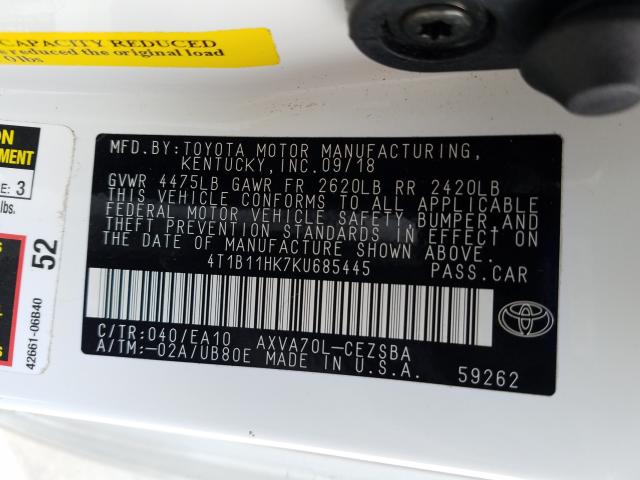 Photo 9 VIN: 4T1B11HK7KU685445 - TOYOTA CAMRY L 