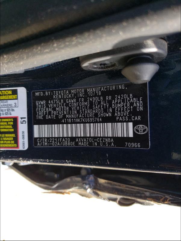 Photo 9 VIN: 4T1B11HK7KU695764 - TOYOTA CAMRY L 