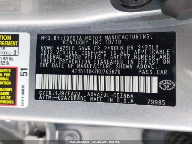 Photo 8 VIN: 4T1B11HK7KU703670 - TOYOTA CAMRY 