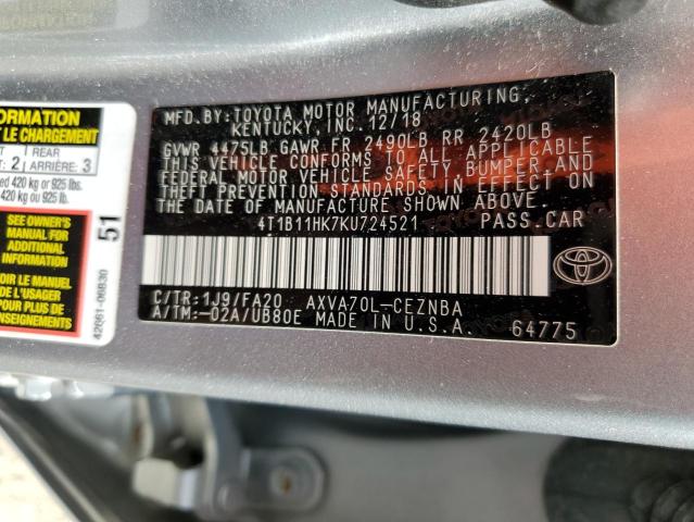 Photo 11 VIN: 4T1B11HK7KU724521 - TOYOTA CAMRY L 