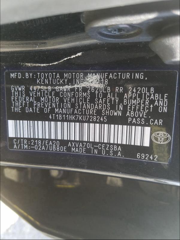 Photo 9 VIN: 4T1B11HK7KU728245 - TOYOTA CAMRY L 