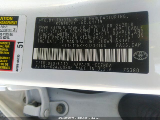 Photo 8 VIN: 4T1B11HK7KU733400 - TOYOTA CAMRY 