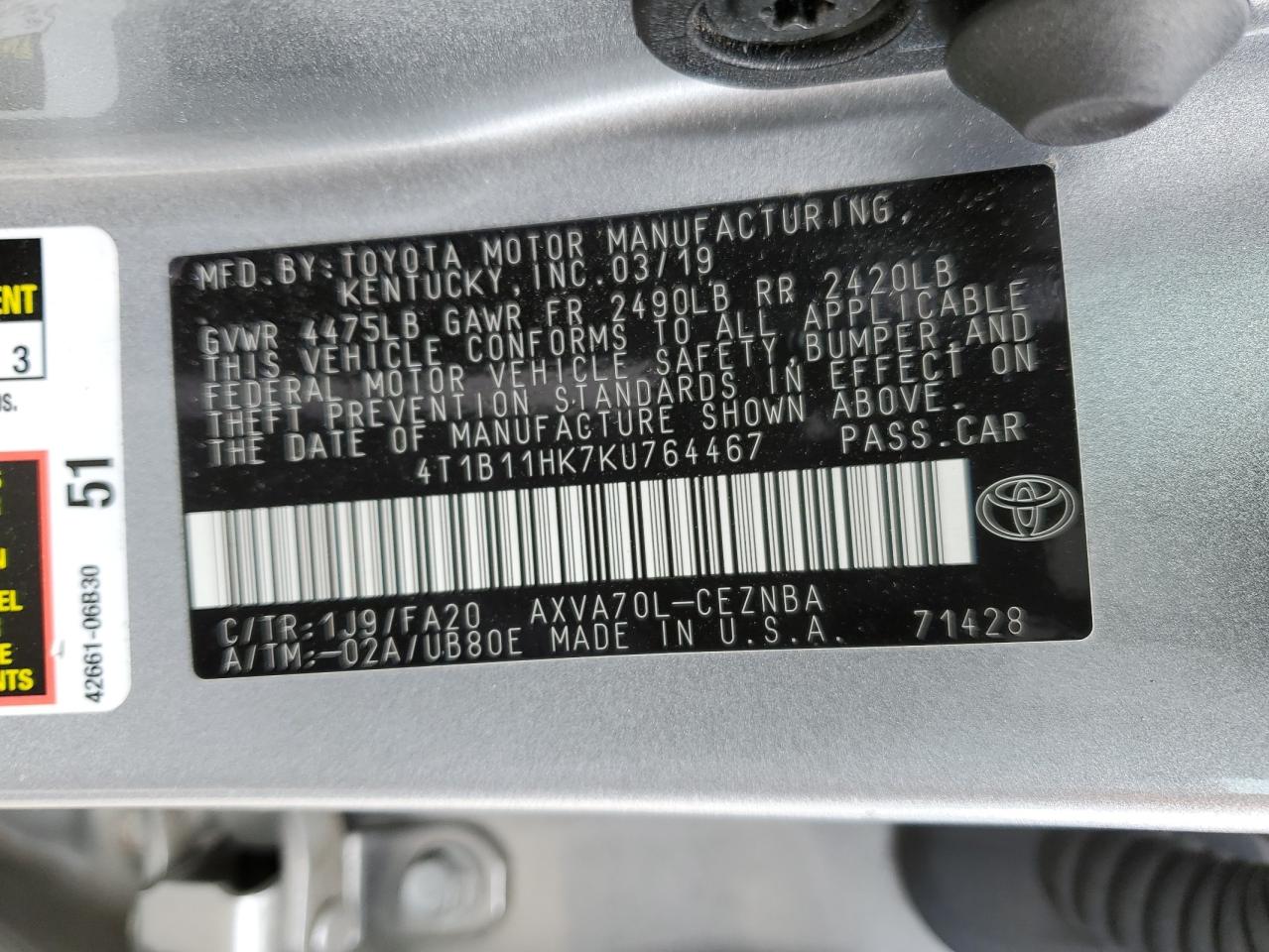 Photo 11 VIN: 4T1B11HK7KU764467 - TOYOTA CAMRY 