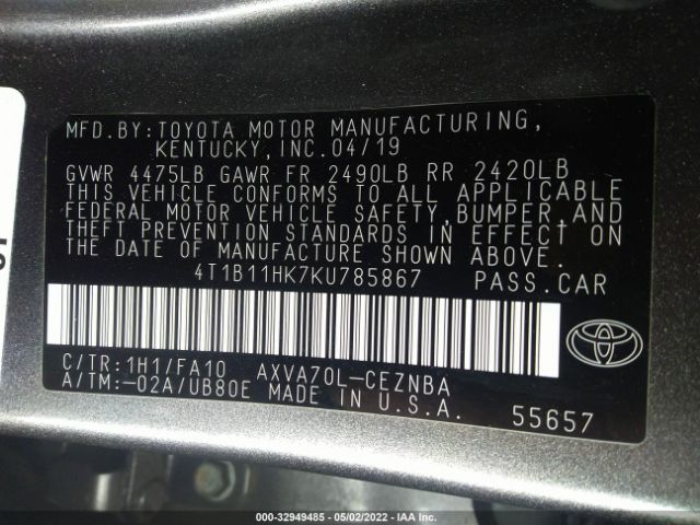 Photo 8 VIN: 4T1B11HK7KU785867 - TOYOTA CAMRY 