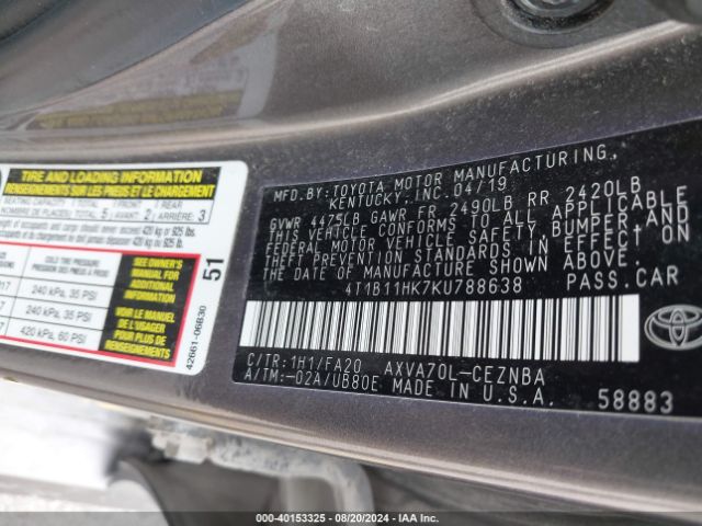 Photo 8 VIN: 4T1B11HK7KU788638 - TOYOTA CAMRY 