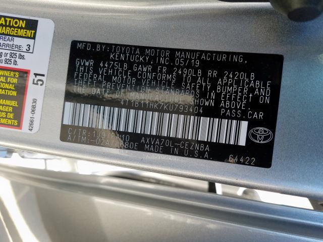 Photo 9 VIN: 4T1B11HK7KU793404 - TOYOTA CAMRY L 