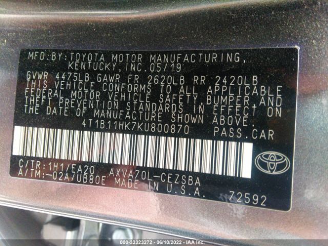 Photo 8 VIN: 4T1B11HK7KU800870 - TOYOTA CAMRY 