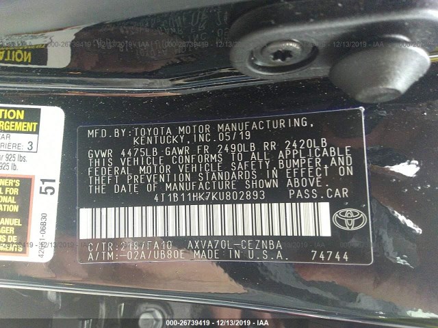 Photo 8 VIN: 4T1B11HK7KU802893 - TOYOTA CAMRY 