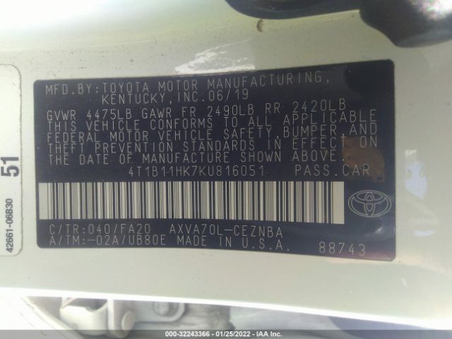 Photo 8 VIN: 4T1B11HK7KU816051 - TOYOTA CAMRY 