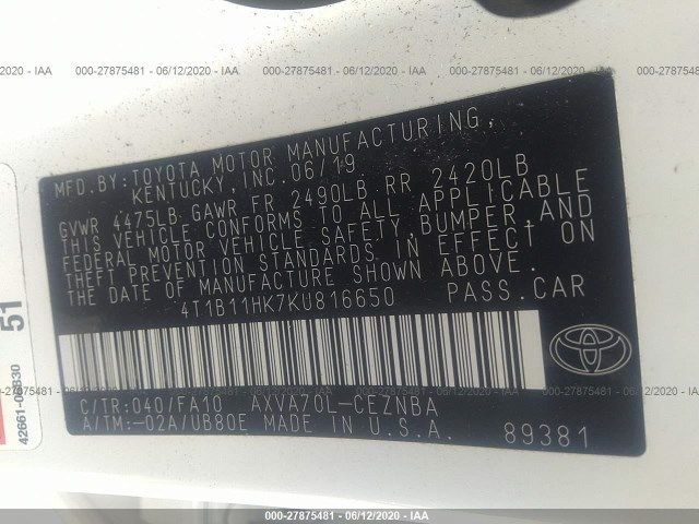 Photo 8 VIN: 4T1B11HK7KU816650 - TOYOTA CAMRY 