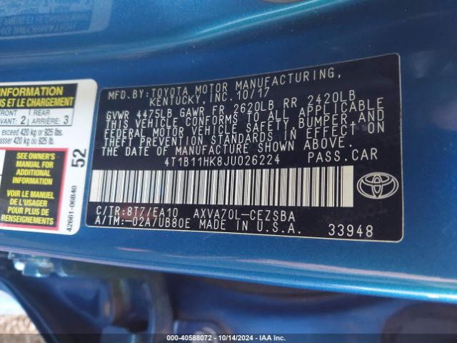 Photo 8 VIN: 4T1B11HK8JU026224 - TOYOTA CAMRY 